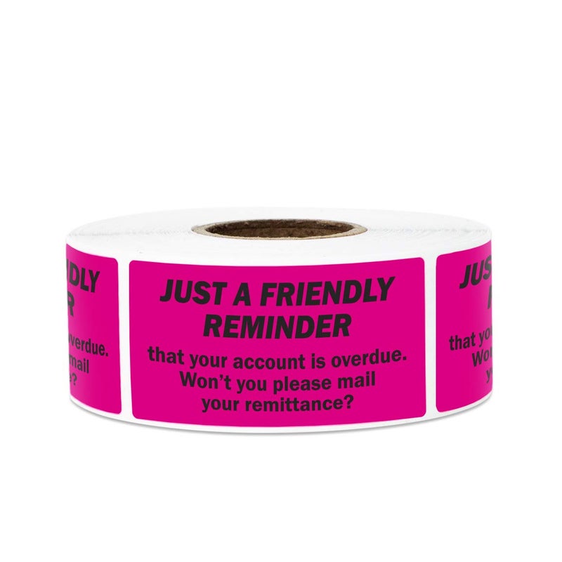 OfficeSmartLabels 300 Labels - Friendly Reminder Account Overdue Stickers Labels for Billing Past Due Collections (2 x 1 inch, Pink - 1 Roll) - Image 1